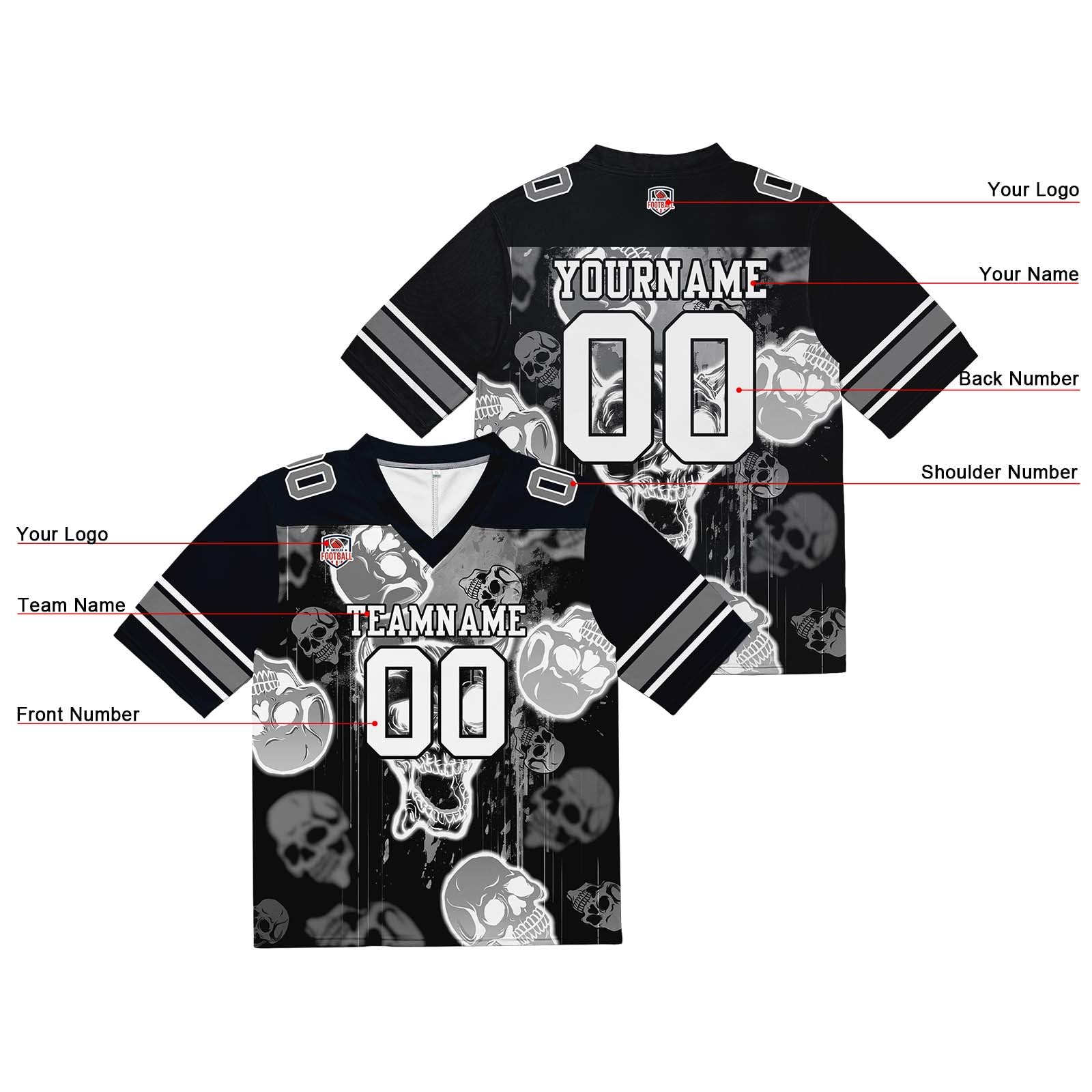 Camiseta de fútbol personalizada con nombre y número del equipo impresos y bordados-estilo grafiti con calavera -Gris