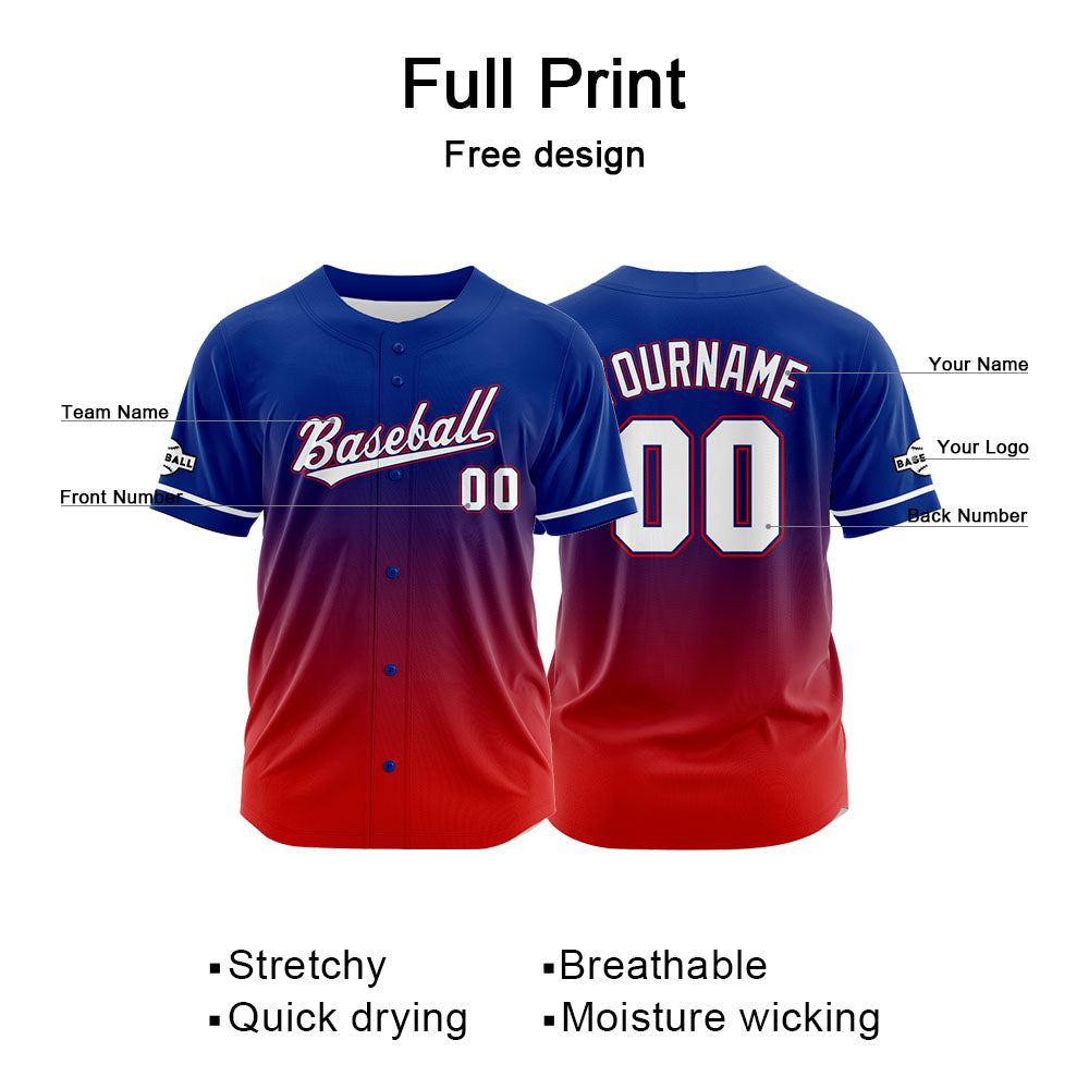 Dise?o personalizado de camiseta de béisbol con estampado completo en rojo y azul