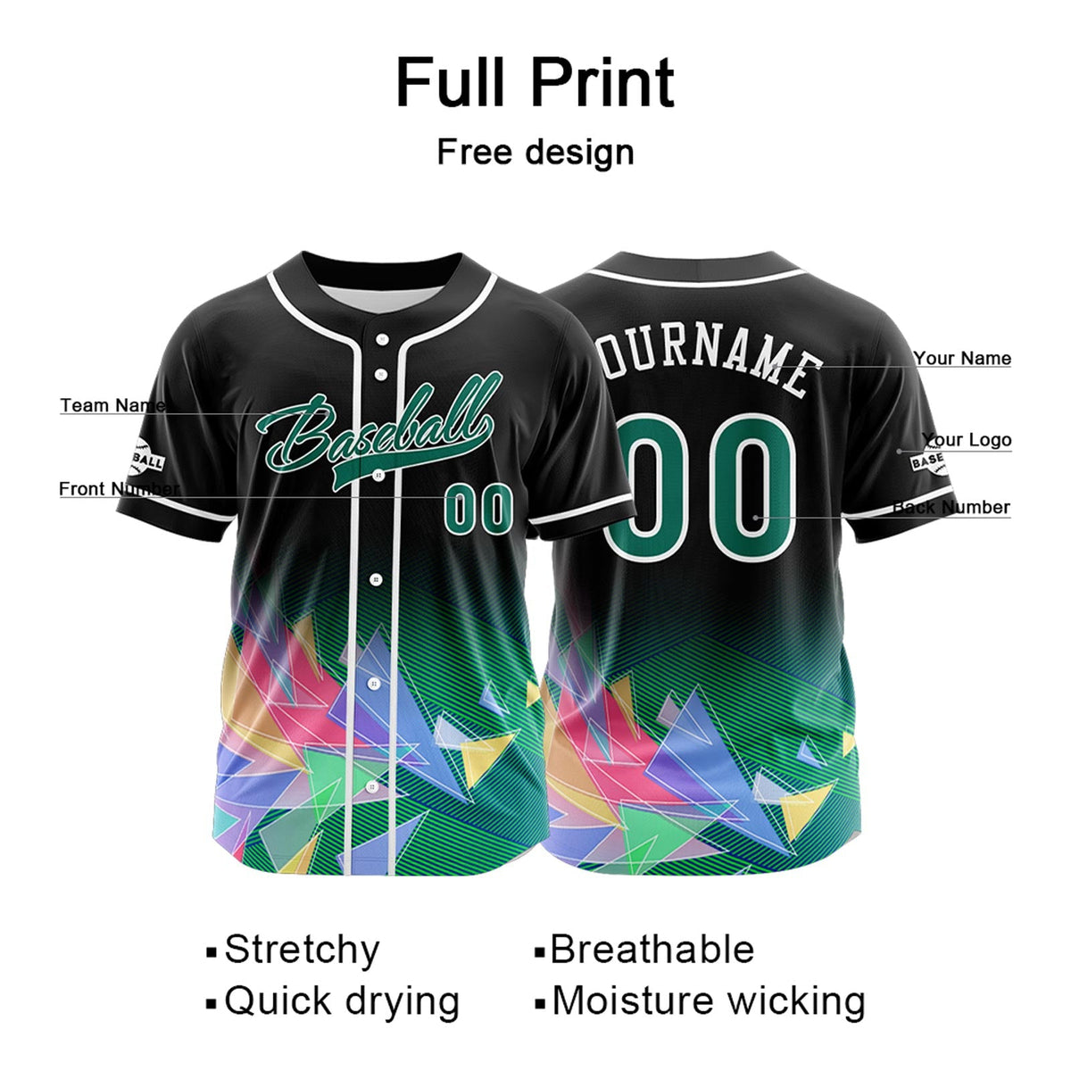 Camiseta de béisbol personalizada negra y verde con botones para hombre mujer adulto y joven Estampado de nombre número y logotipo