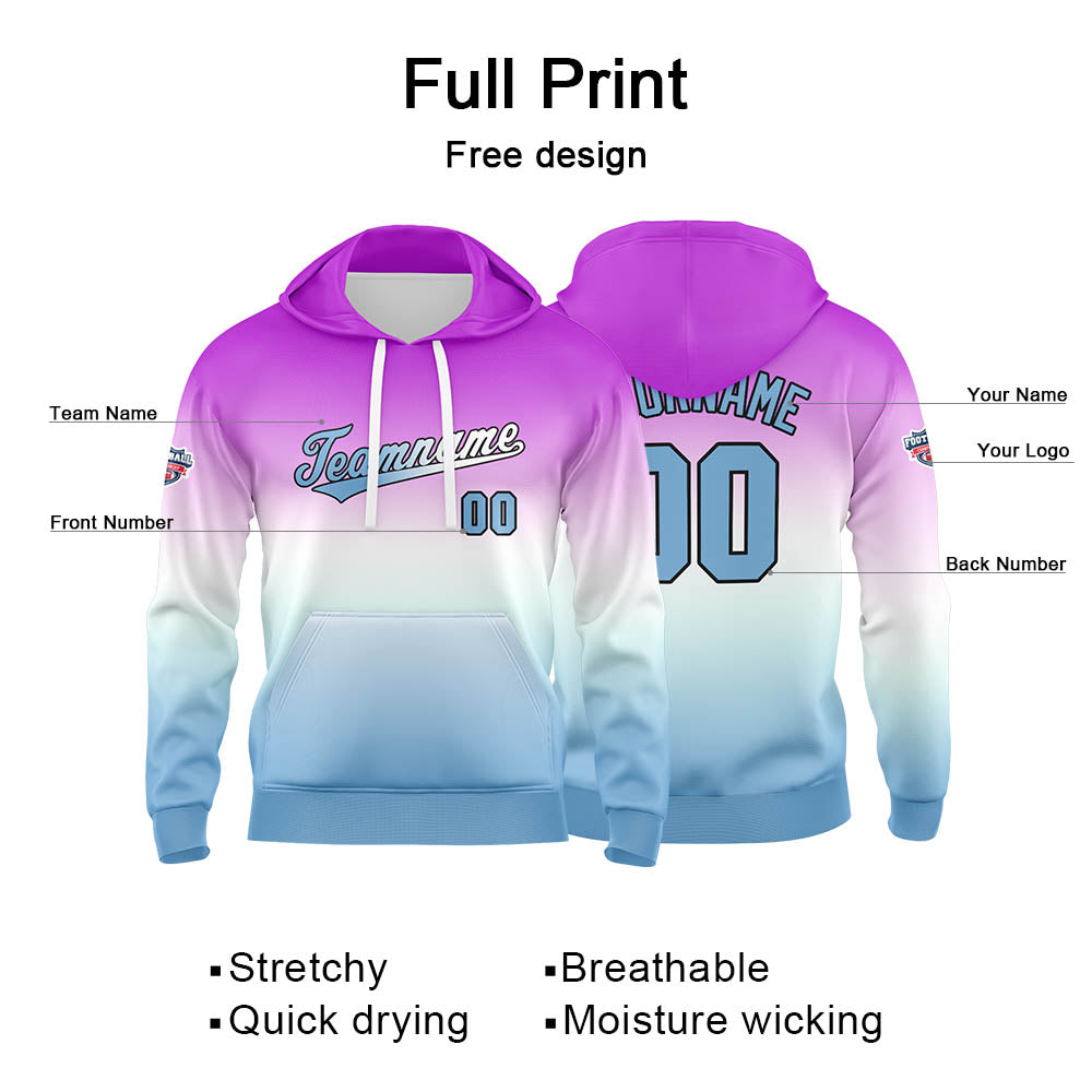 Sudadera con capucha personalizada con degradado para hombre-mujer-niña o niño Estampa tu logotipo-nombre o número Color morado y blanco