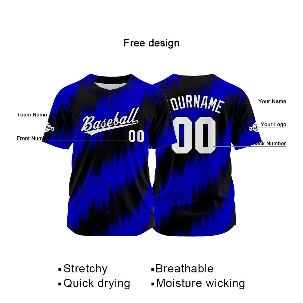 Camiseta de béisbol con dise?o personalizado estampado completo en negro y azul