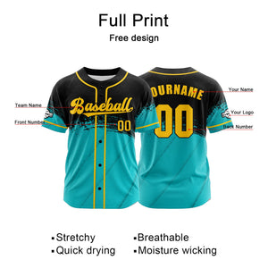 Camiseta de béisbol personalizada de color verde azulado y negro con botones para hombre mujer adulto y joven Estampado de nombre número y logotipo