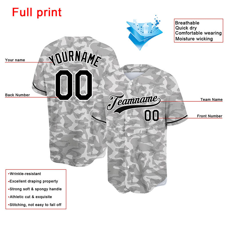 custom full print design authentic gray camouflage baseball jersey