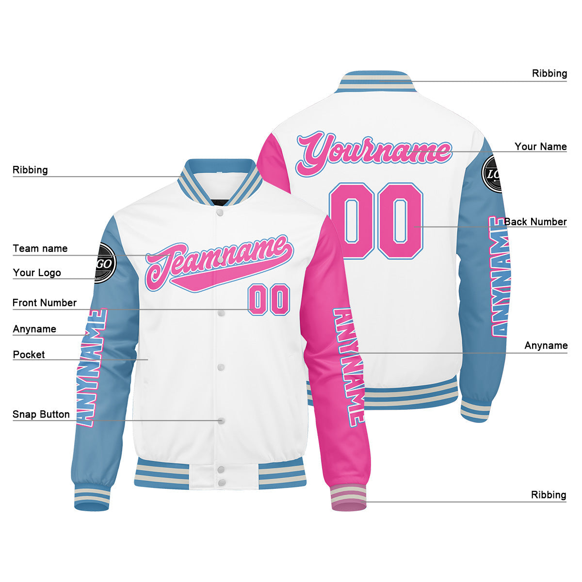 Chaquetas universitarias personalizadas blancas & azul claro y rosa para hombres & mujeres y jóvenes & Chaquetas Letterman personalizadas