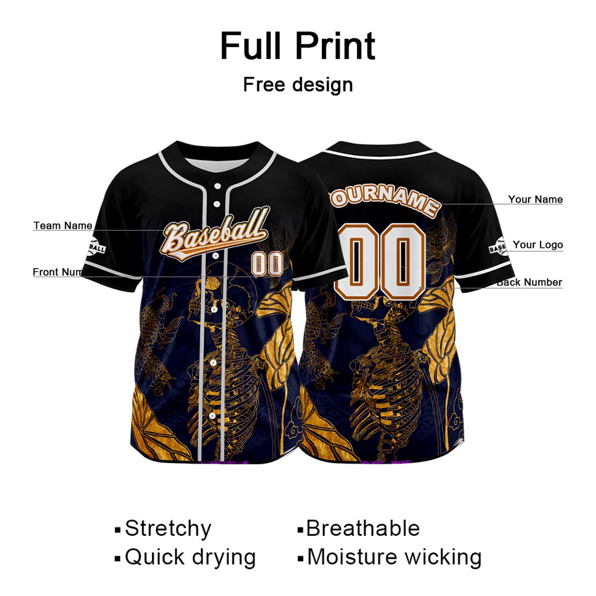Camiseta de béisbol negra personalizada con botones para hombre mujer adulto y joven Nombre número y logotipo impresos