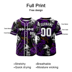 Camiseta de béisbol personalizada para hombres mujeres ni?os y jóvenes con bordados y estampado de calavera rosa y morado