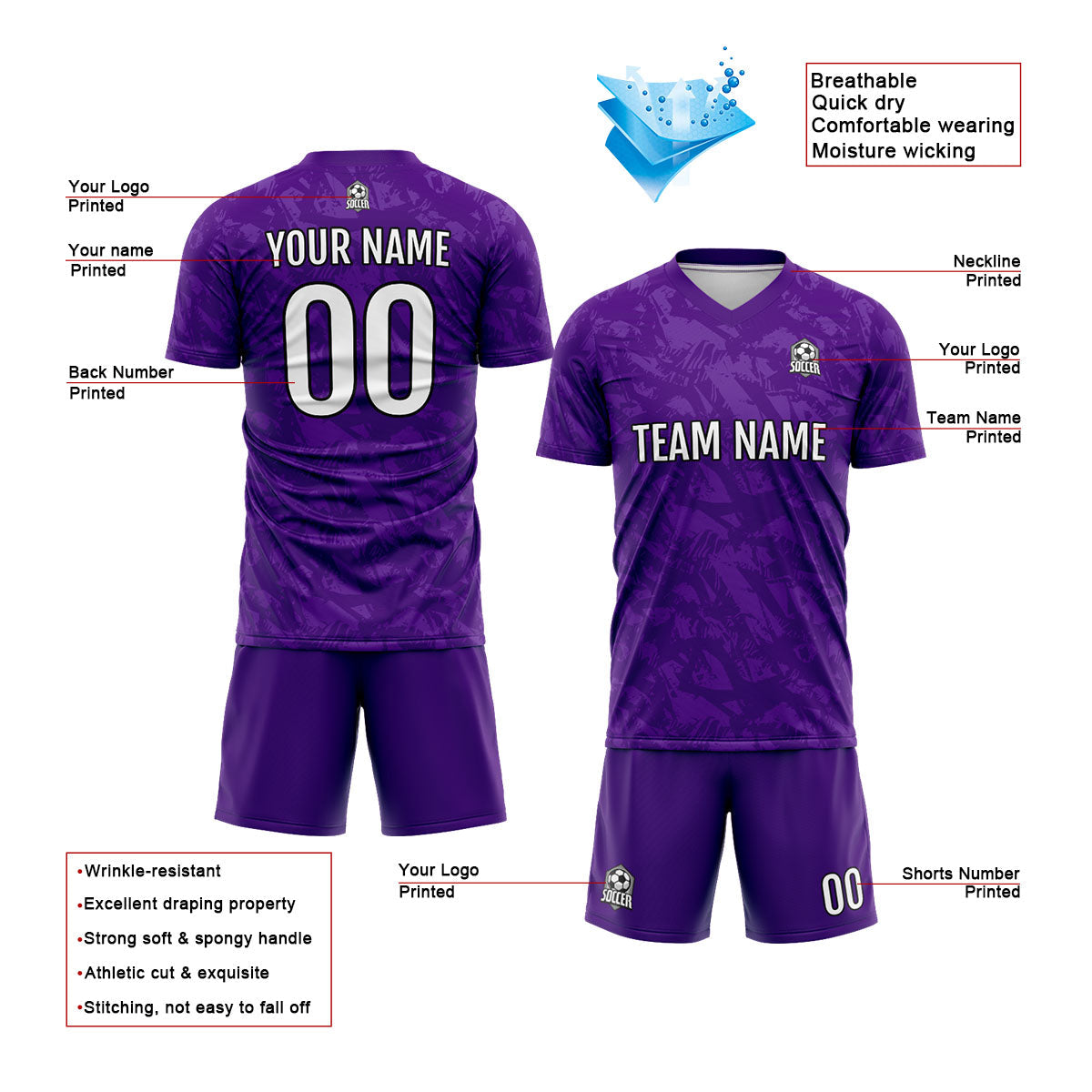 Conjunto personalizado de camiseta de fútbol morada para niños y adultos