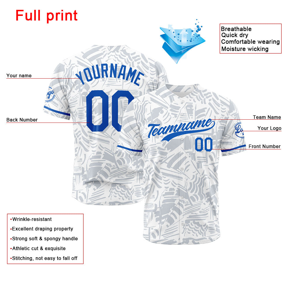 Camiseta de béisbol con dise?o personalizado estampado completo color blanco y azul