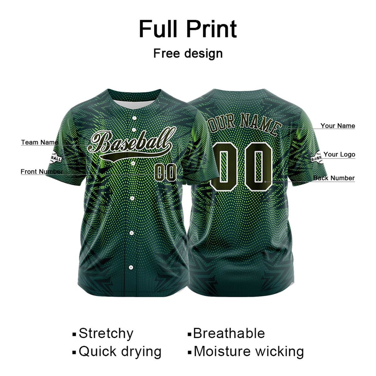 Camiseta de béisbol verde personalizada con botones para hombre mujer adulto y joven Nombre número y logotipo impresos