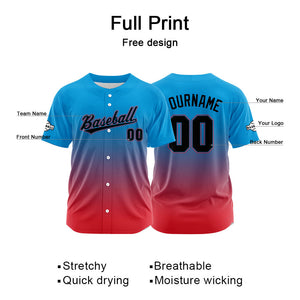 Dise?o personalizado de camiseta de béisbol con estampado completo en rojo y azul