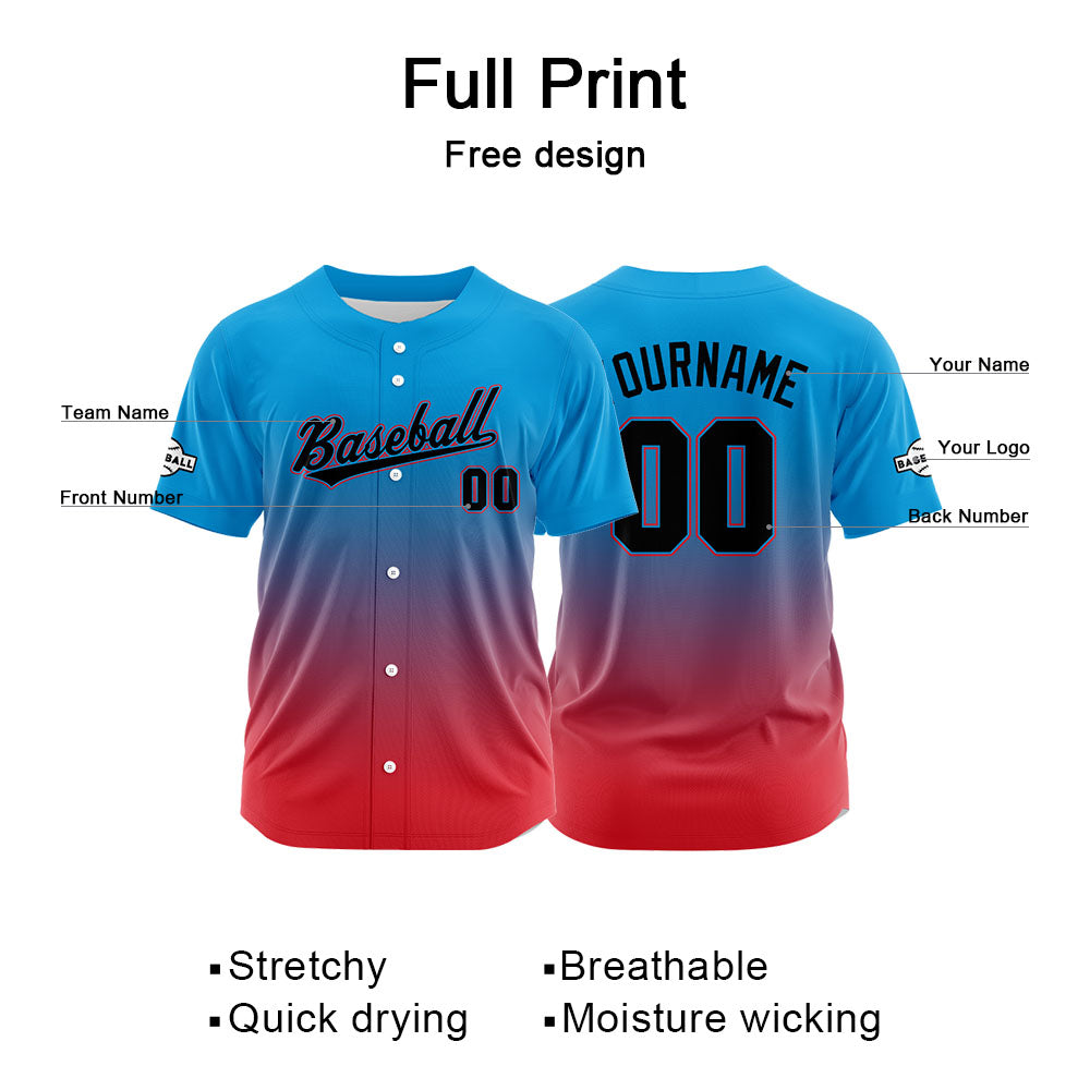 Dise?o personalizado de camiseta de béisbol con estampado completo en rojo y azul