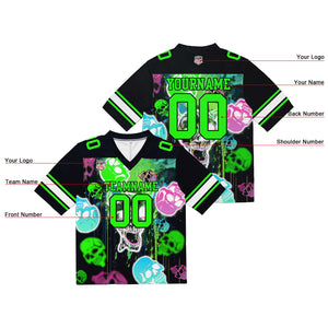Camiseta de fútbol personalizada con nombre y número del equipo bordados y estampado de calavera estilo grafiti -Verde neón
