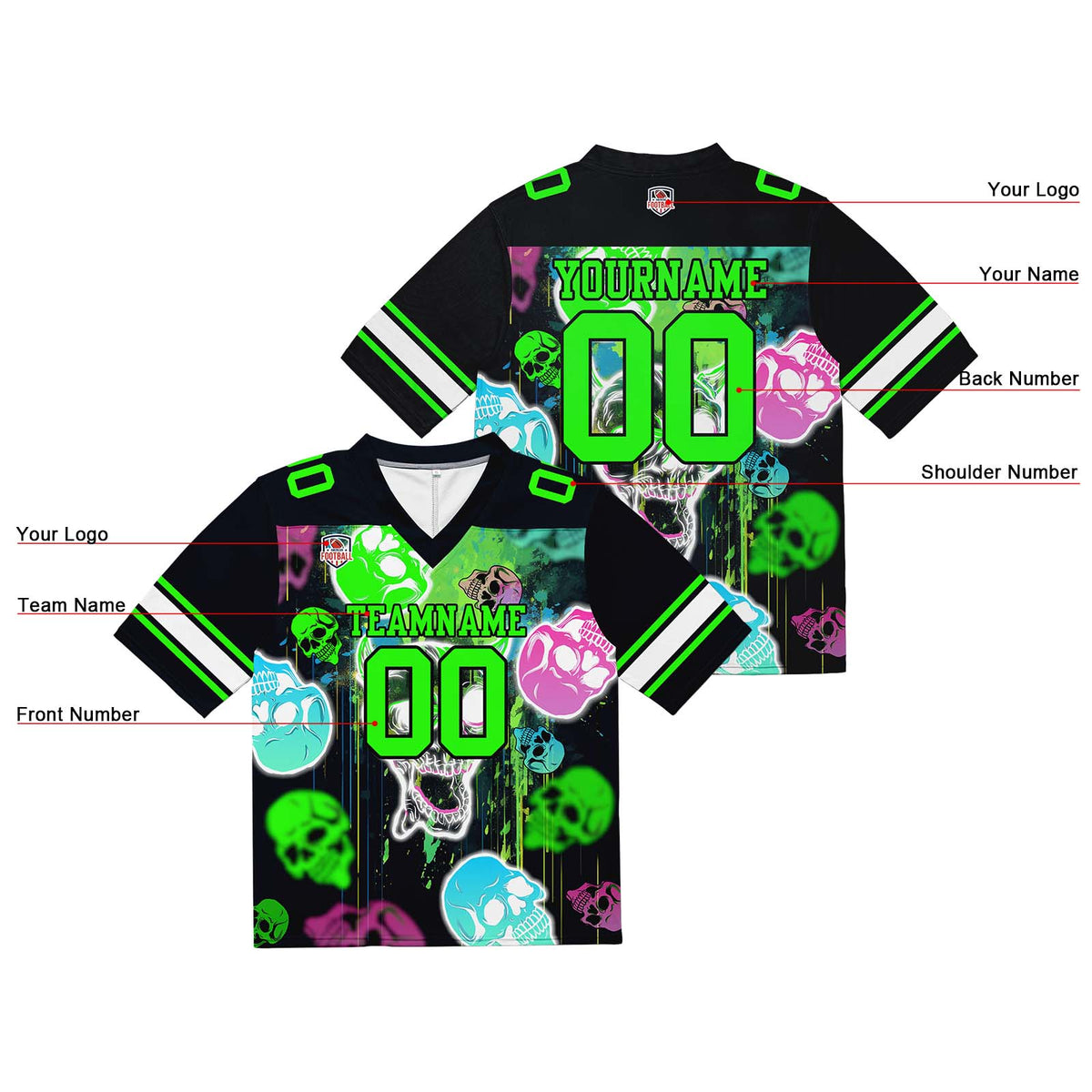 Camiseta de fútbol personalizada con nombre y número del equipo bordados y estampado de calavera estilo grafiti -Verde neón