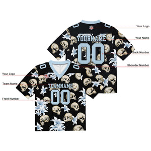 Camiseta de fútbol personalizada con nombre y número del equipo bordados y estampados en forma de calavera -Azul claro
