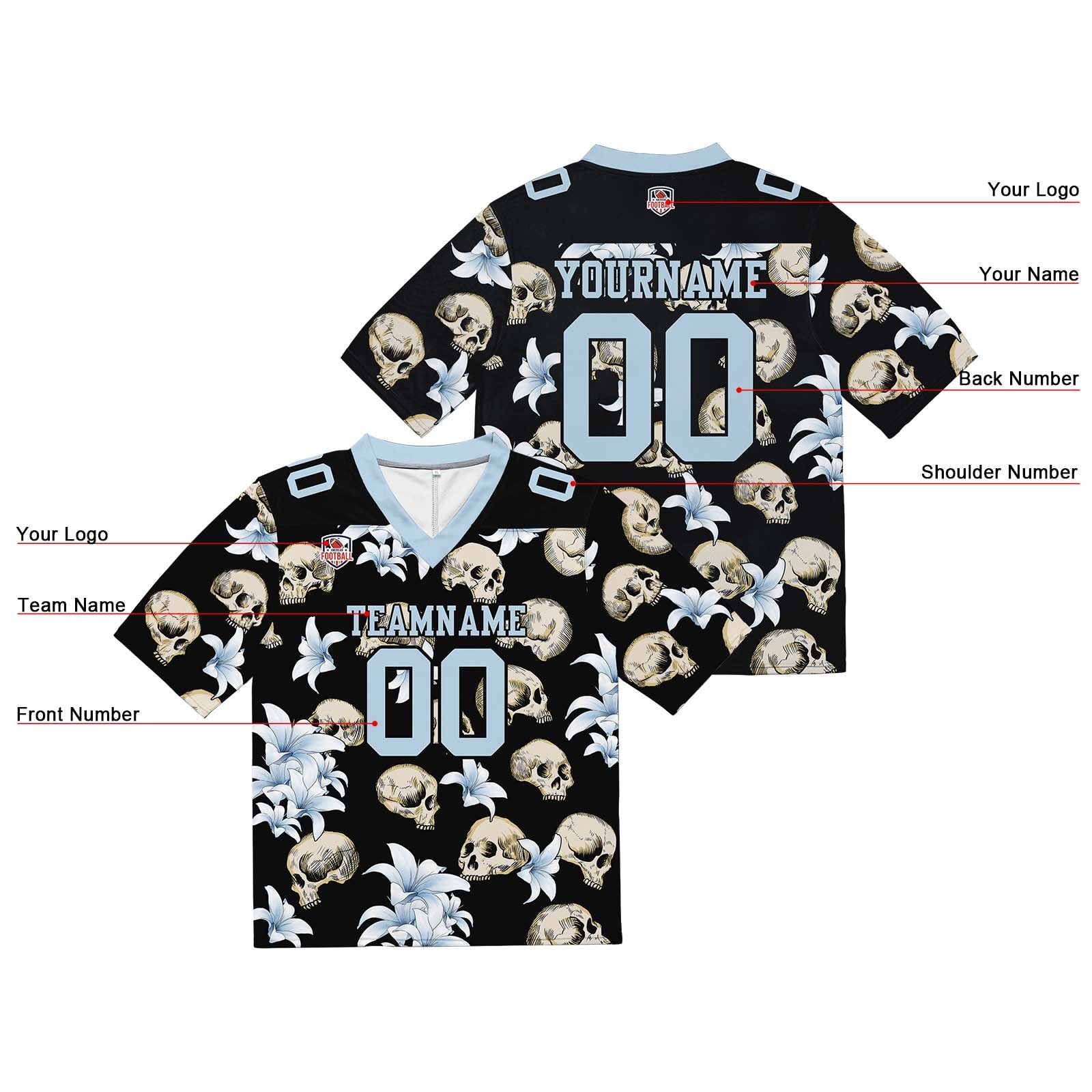 Camiseta de fútbol personalizada con nombre y número del equipo bordados y estampados en forma de calavera -Azul claro