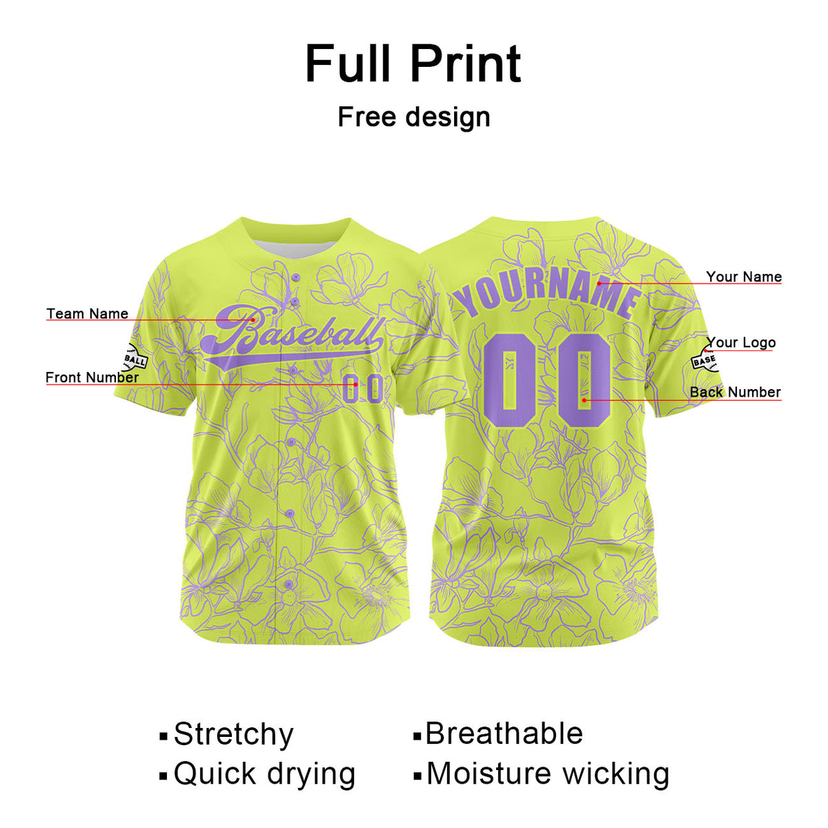 Camiseta de béisbol verde brillante personalizada con nombre número y logotipo personalizados