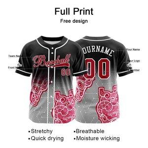Camiseta de béisbol personalizada negra y rosa con botones para hombre mujer adulto y joven Estampado de nombre número y logotipo