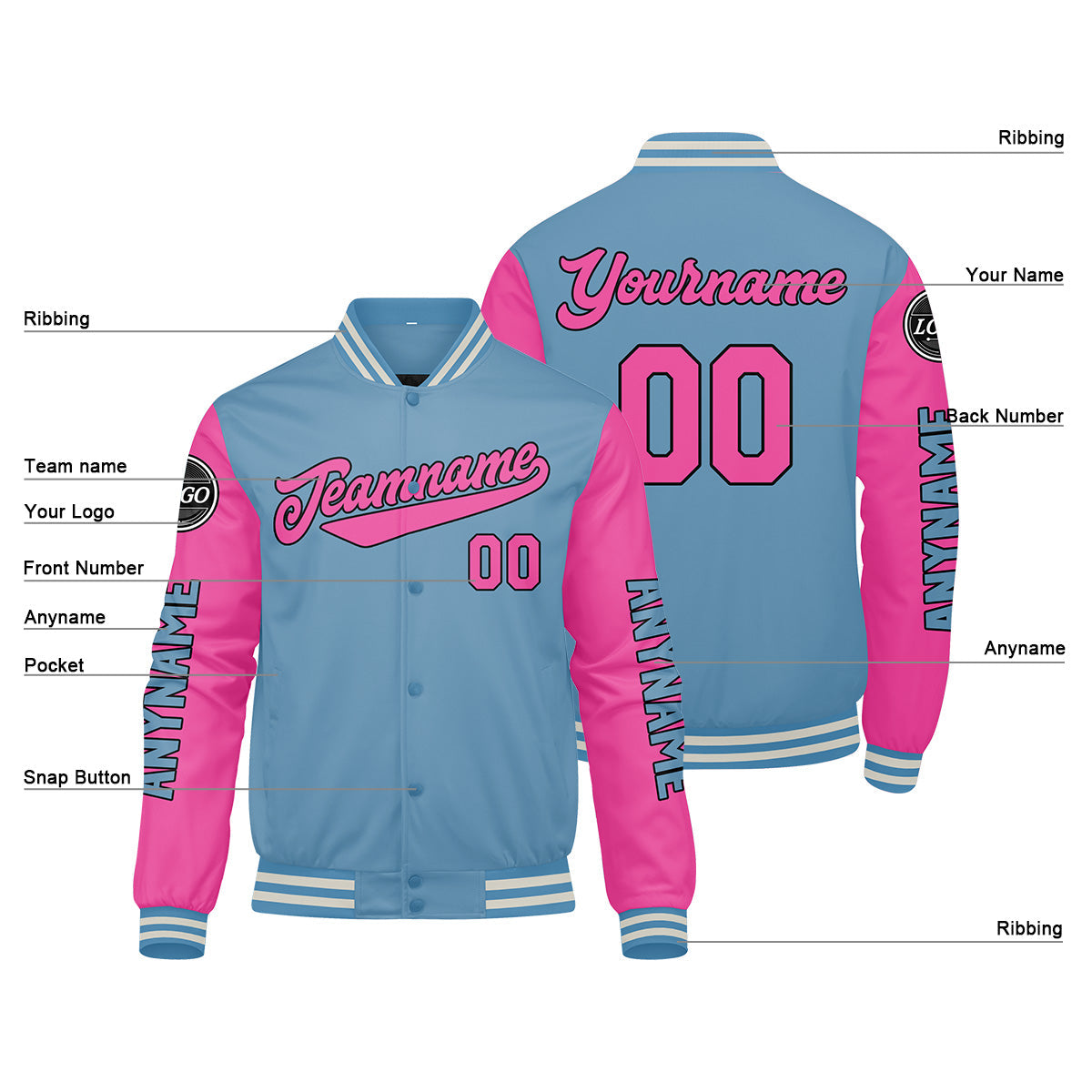 Chaquetas universitarias personalizadas en azul claro y rosa para hombres & mujeres y jóvenes & Chaquetas tipo Letterman personalizadas