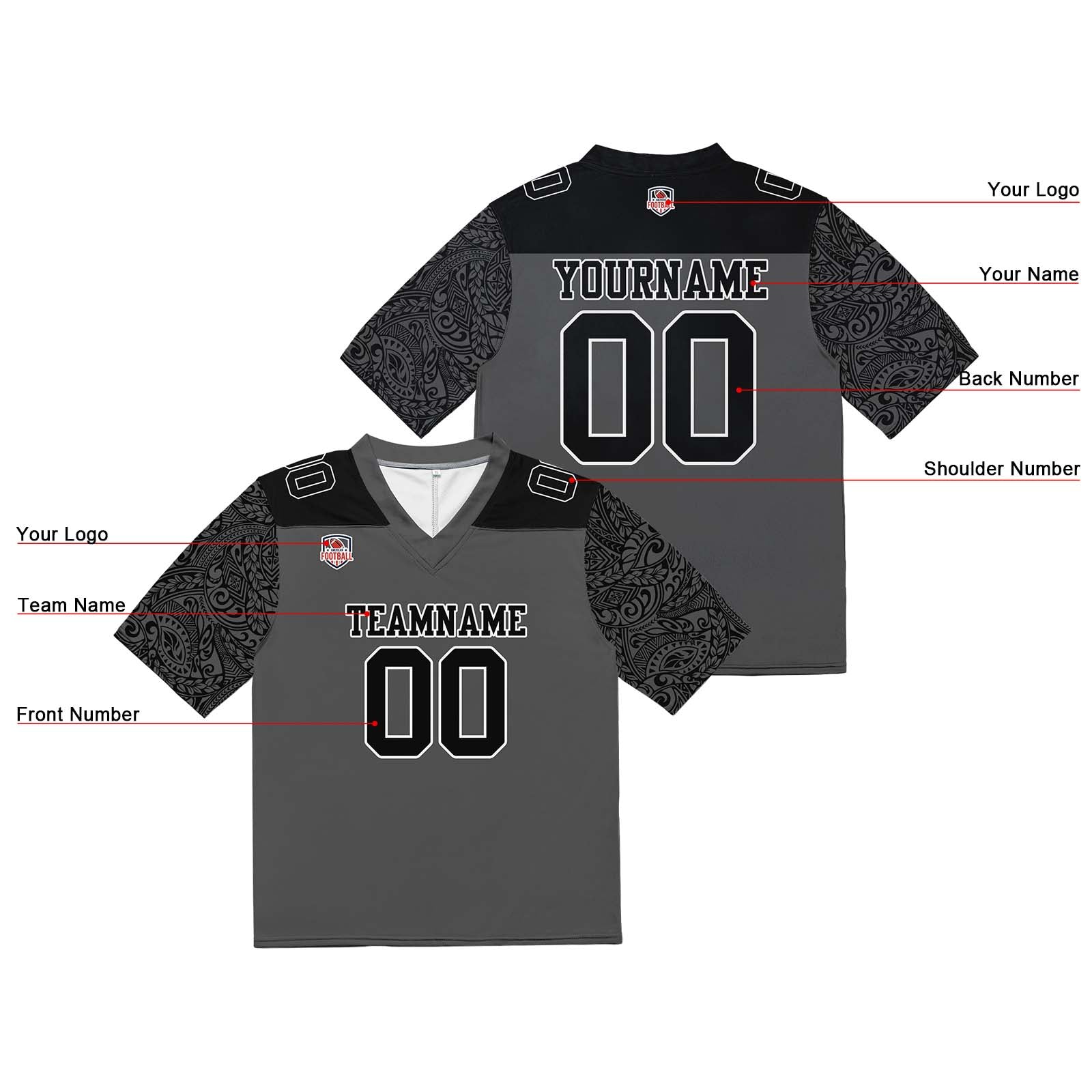 Camiseta de fútbol personalizada con nombre y número del equipo impresos y bordados-color negro y gris