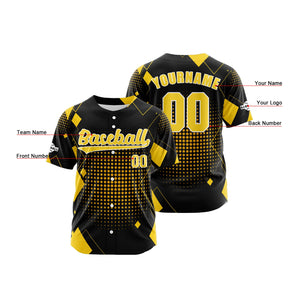 Camiseta de béisbol personalizada negra y amarilla con botones para hombre mujer adulto y joven Estampado de nombre número y logotipo