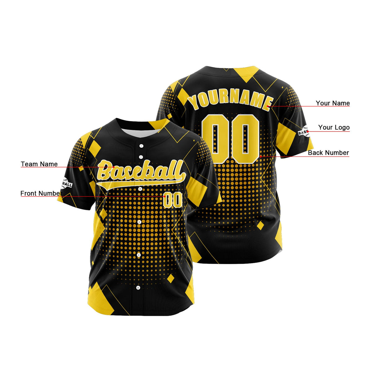Camiseta de béisbol personalizada negra y amarilla con botones para hombre mujer adulto y joven Estampado de nombre número y logotipo