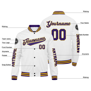 Chaquetas universitarias personalizadas en morado & blanco y amarillo para hombres & mujeres y jóvenes & Chaquetas tipo Letterman personalizadas