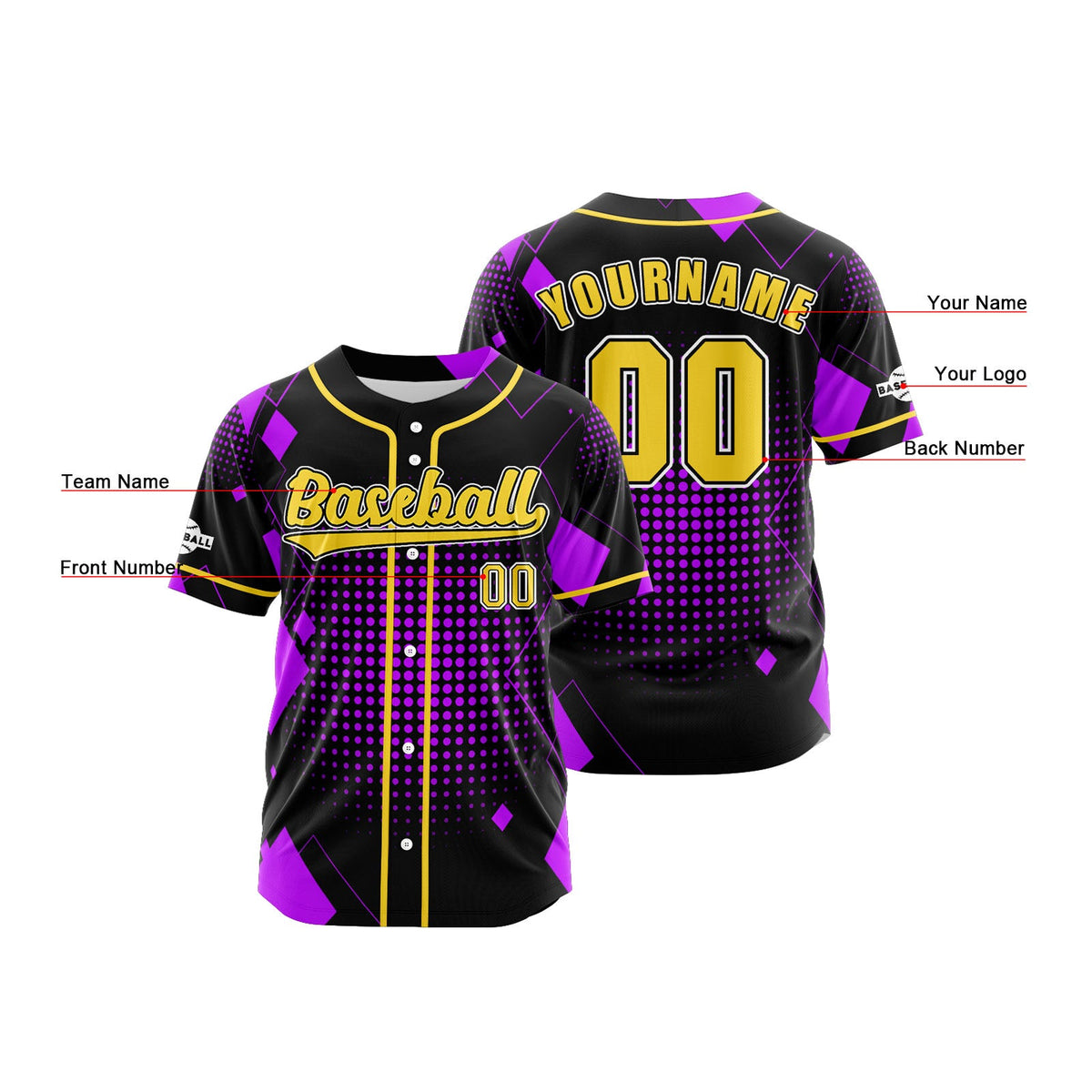 Camiseta de béisbol personalizada negra y morada con botones para hombre mujer adulto y joven Estampado de nombre número y logotipo