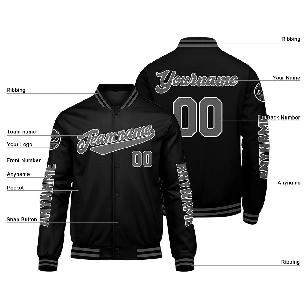 Chaquetas universitarias personalizadas en negro y gris para hombres & mujeres y jóvenes & Chaquetas Letterman personalizadas