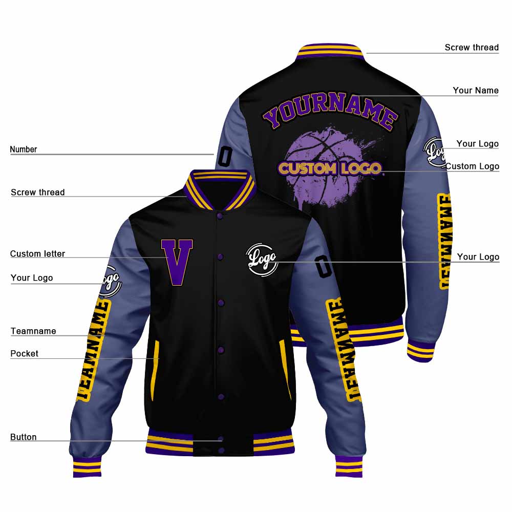 Chaquetas universitarias personalizadas negras y moradas para hombres & mujeres y jóvenes & Chaquetas Letterman personalizadas
