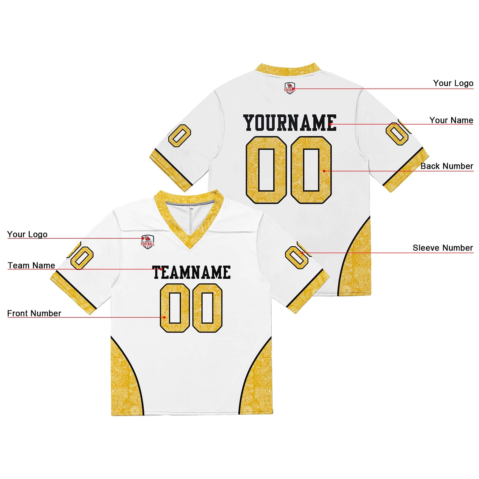 Camiseta de fútbol personalizada con nombre y número del equipo bordados-color blanco y amarillo