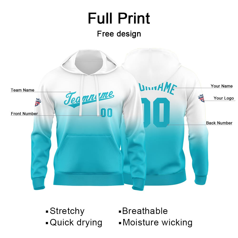 Sudadera con capucha personalizada con degradado para hombre-mujer-niña o niño Estampa tu logotipo-nombre o número en azul y blanco