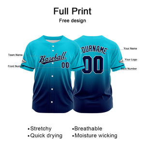 Camiseta de béisbol con dise?o personalizado estampado completo en azul claro y azul marino