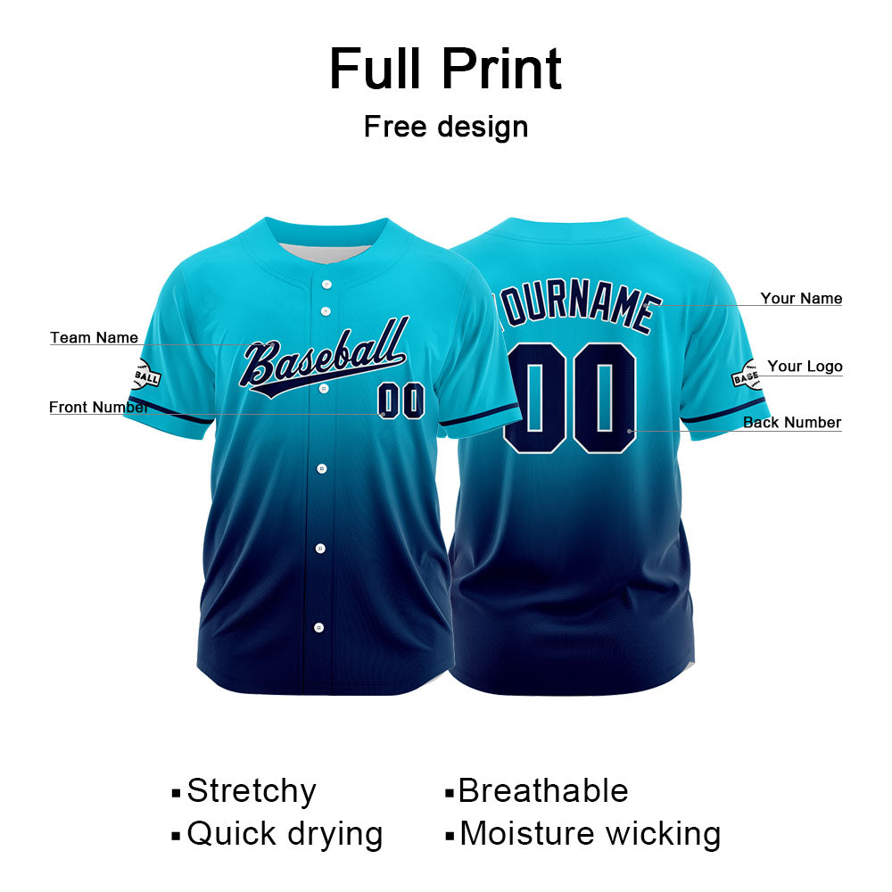 Camiseta de béisbol con dise?o personalizado estampado completo en azul claro y azul marino