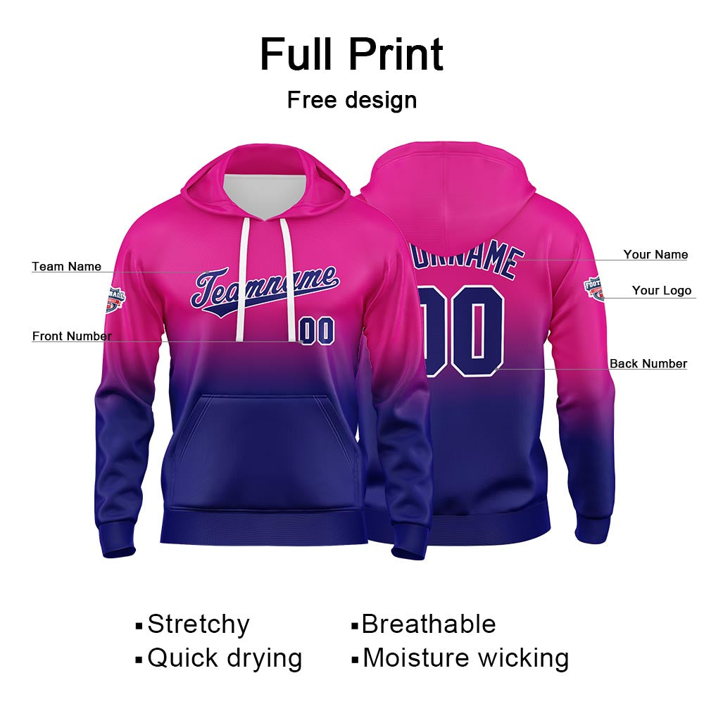 Sudadera con capucha personalizada con degradado para hombre-mujer-niña o niño Estampa tu logotipo-nombre o número Color fucsia y azul marino