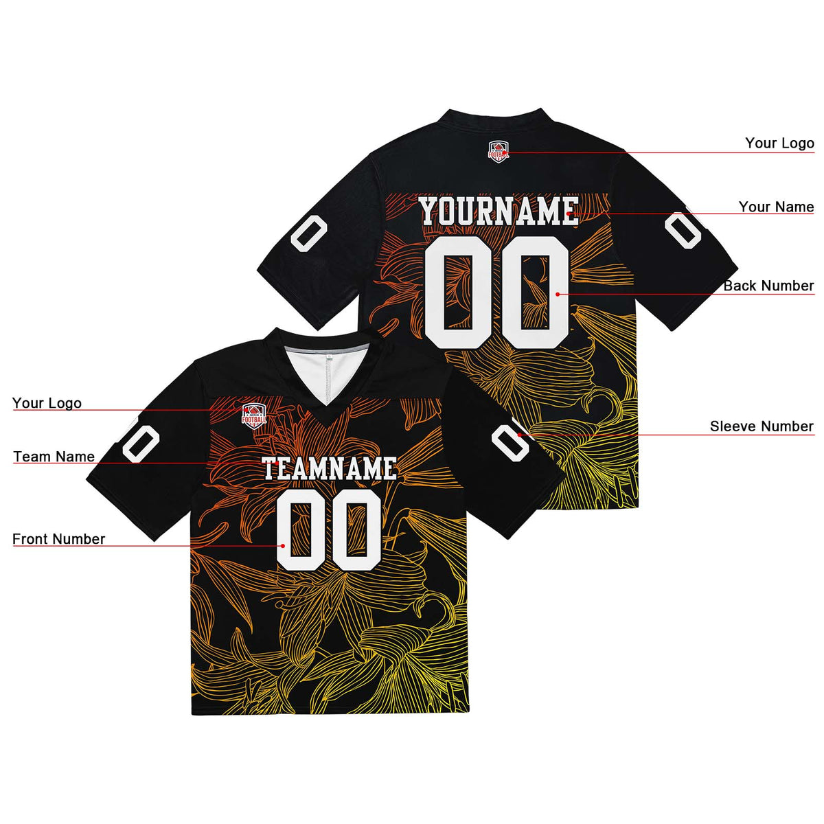 Camiseta de fútbol personalizada con nombre y número del equipo bordados y estampados en degradado naranja y amarillo