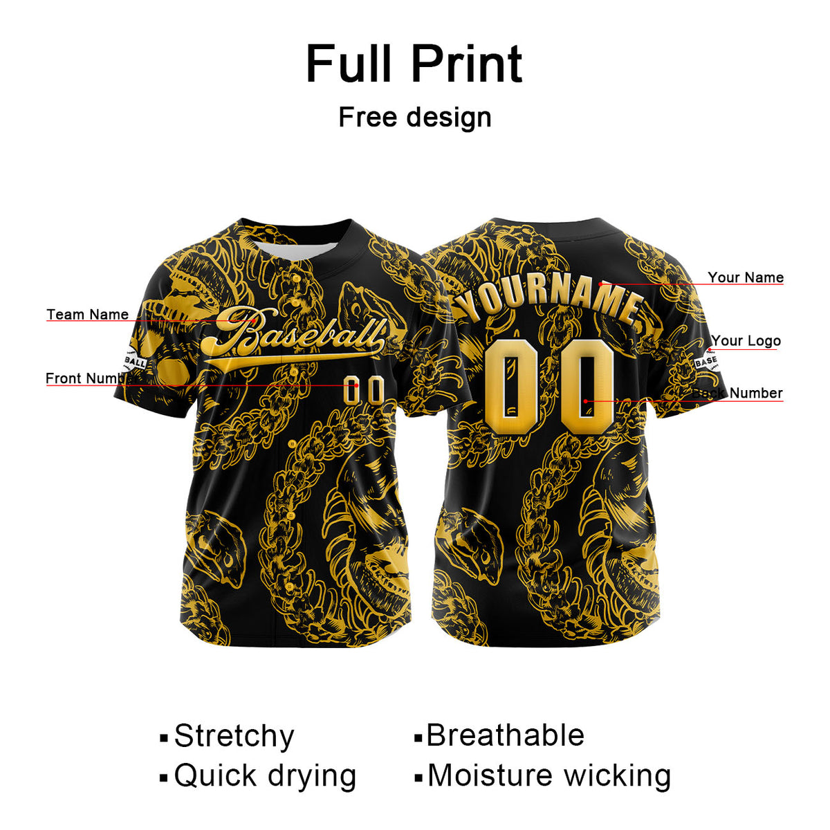 Camiseta de béisbol amarilla personalizada con botones para hombre mujer adulto y joven Estampado de nombre número y logotipo