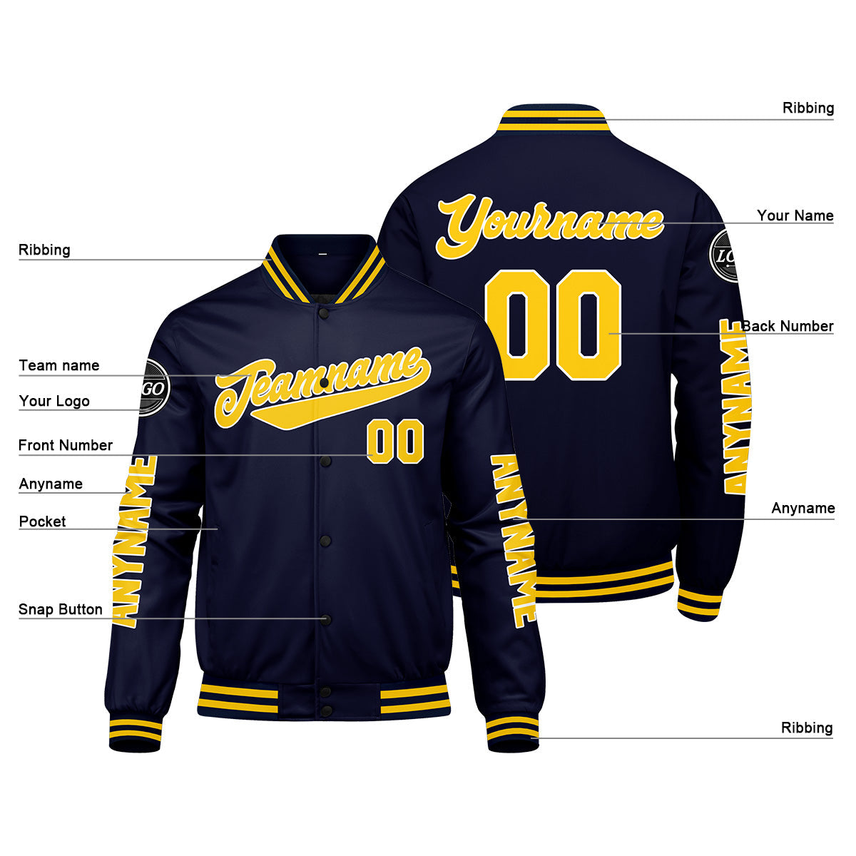 Chaquetas universitarias personalizadas azul marino y amarillas para hombres & mujeres y jóvenes & Chaquetas tipo Letterman personalizadas