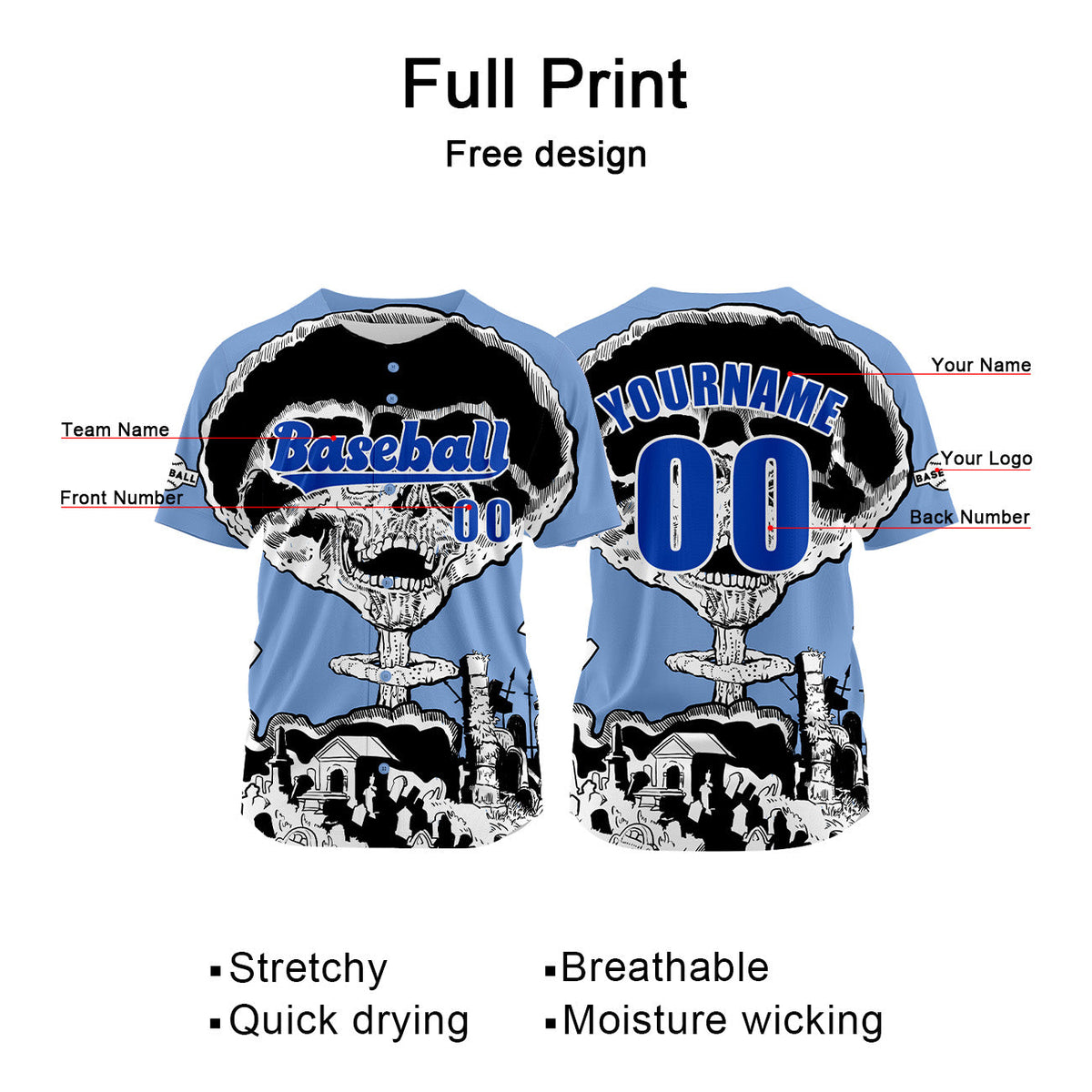 Camiseta de béisbol azul personalizada con nombre número y logotipo personalizados