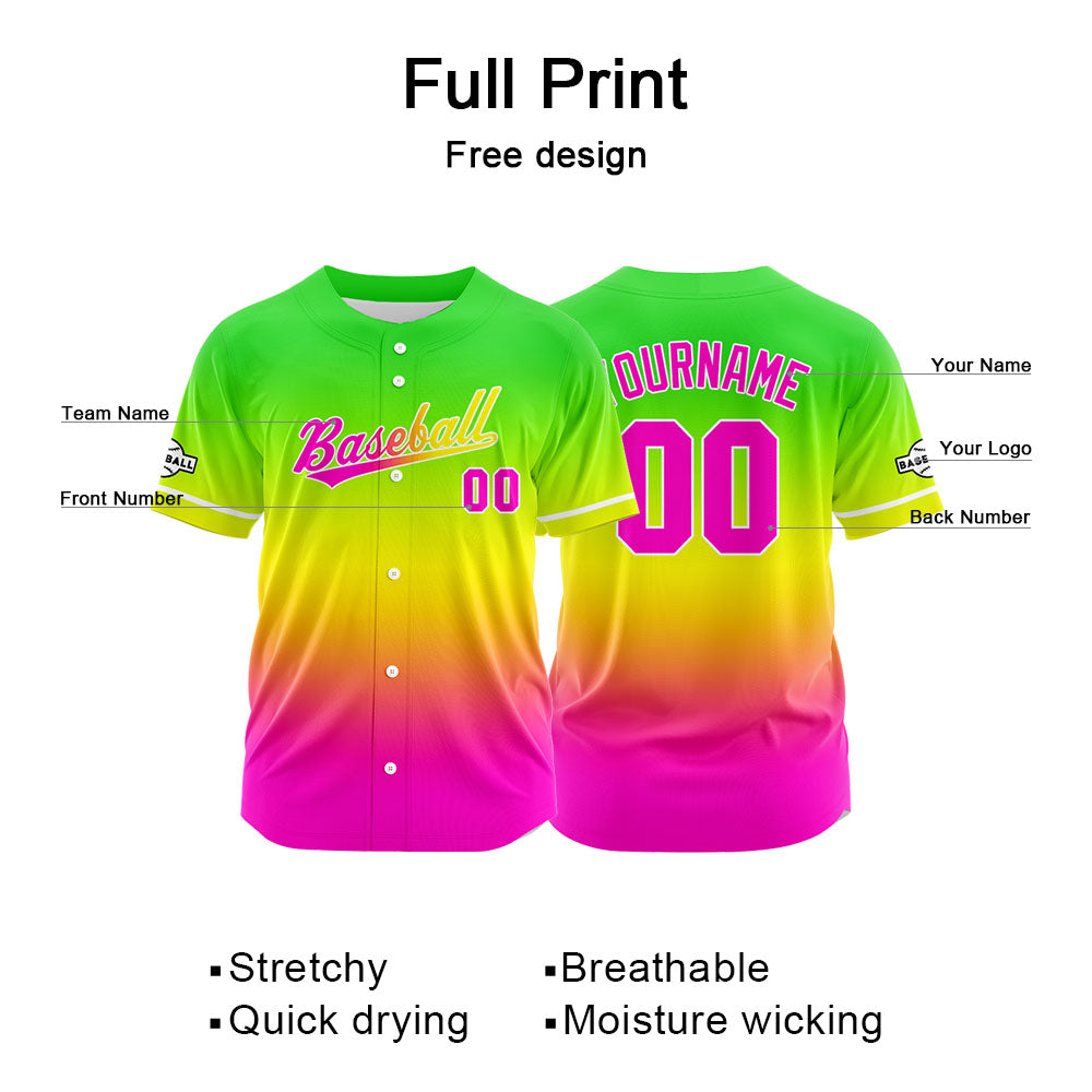Dise?o personalizado de camiseta de béisbol con estampado completo en rojo rosa amarillo y verde