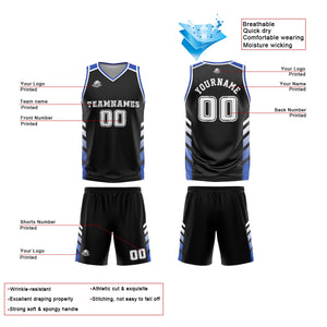Uniforme de baloncesto personalizado en negro y azul con tu logotipo-nombre y número impresos