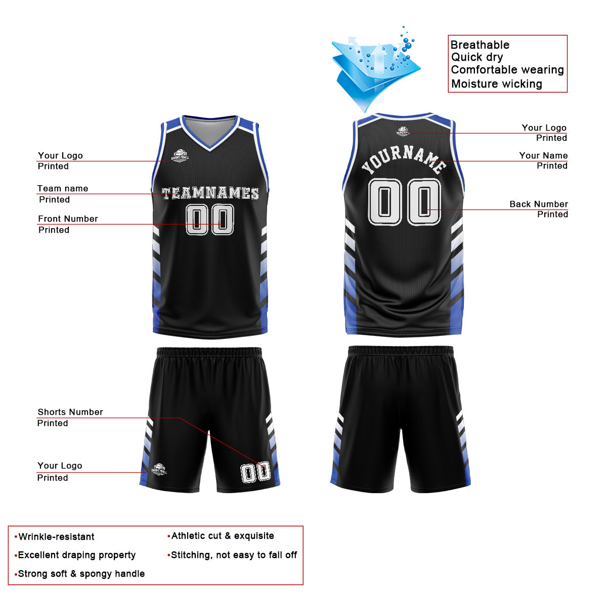Uniforme de baloncesto personalizado en negro y azul con tu logotipo-nombre y número impresos