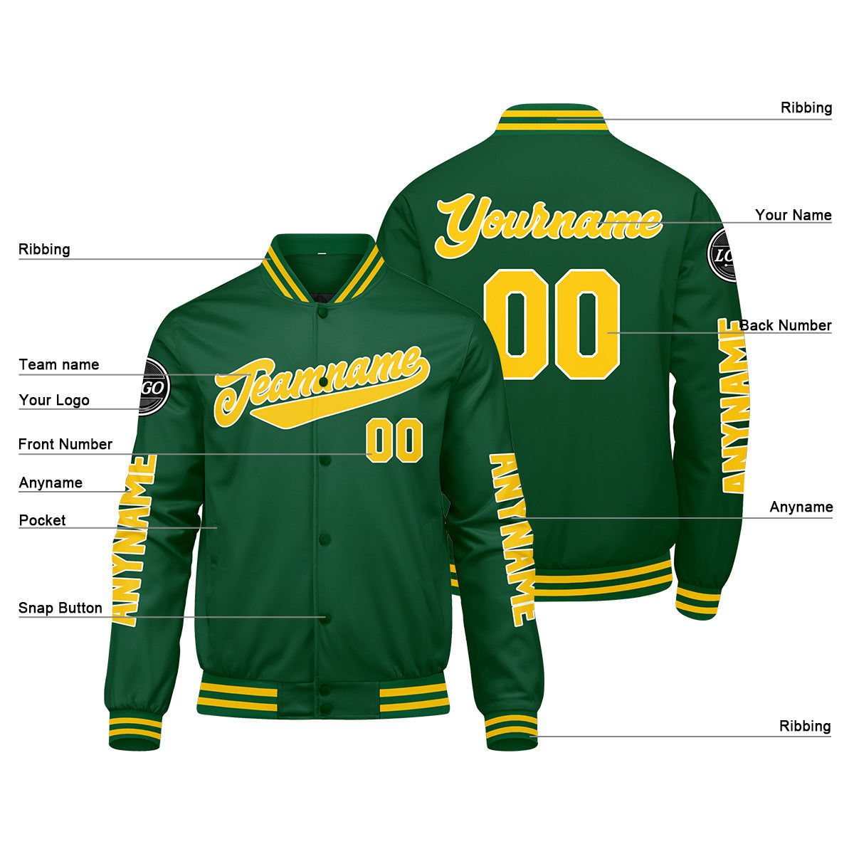 Chaquetas universitarias personalizadas verdes y amarillas para hombres & mujeres y jóvenes & Chaquetas tipo Letterman personalizadas