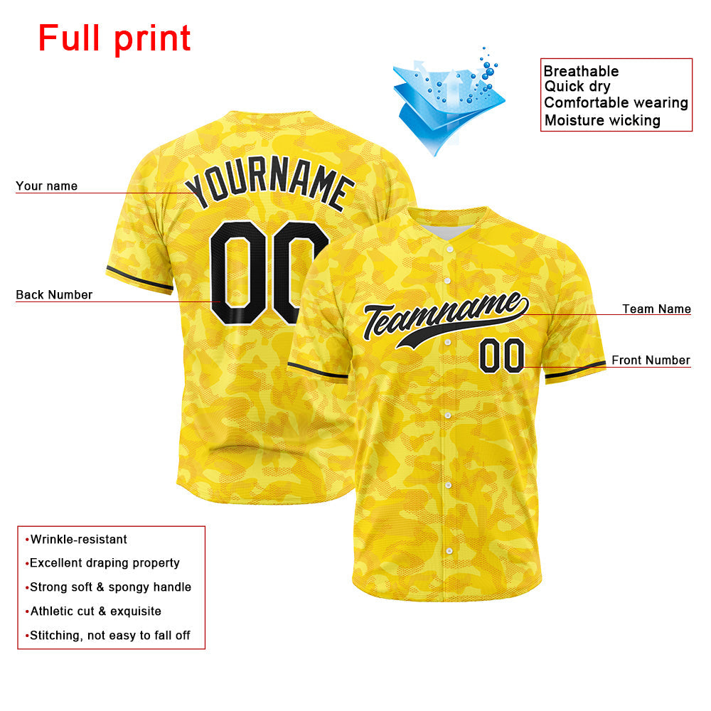 Dise?o personalizado de camiseta de béisbol con estampado completo camuflaje amarillo