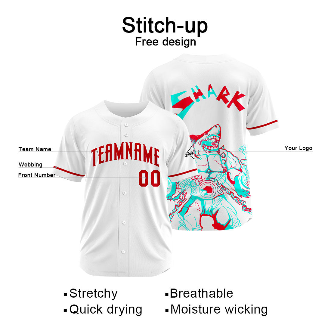 Uniformes de béisbol personalizados Shark-White&Red de alta calidad para adultos y niños & optimizados para el rendimiento