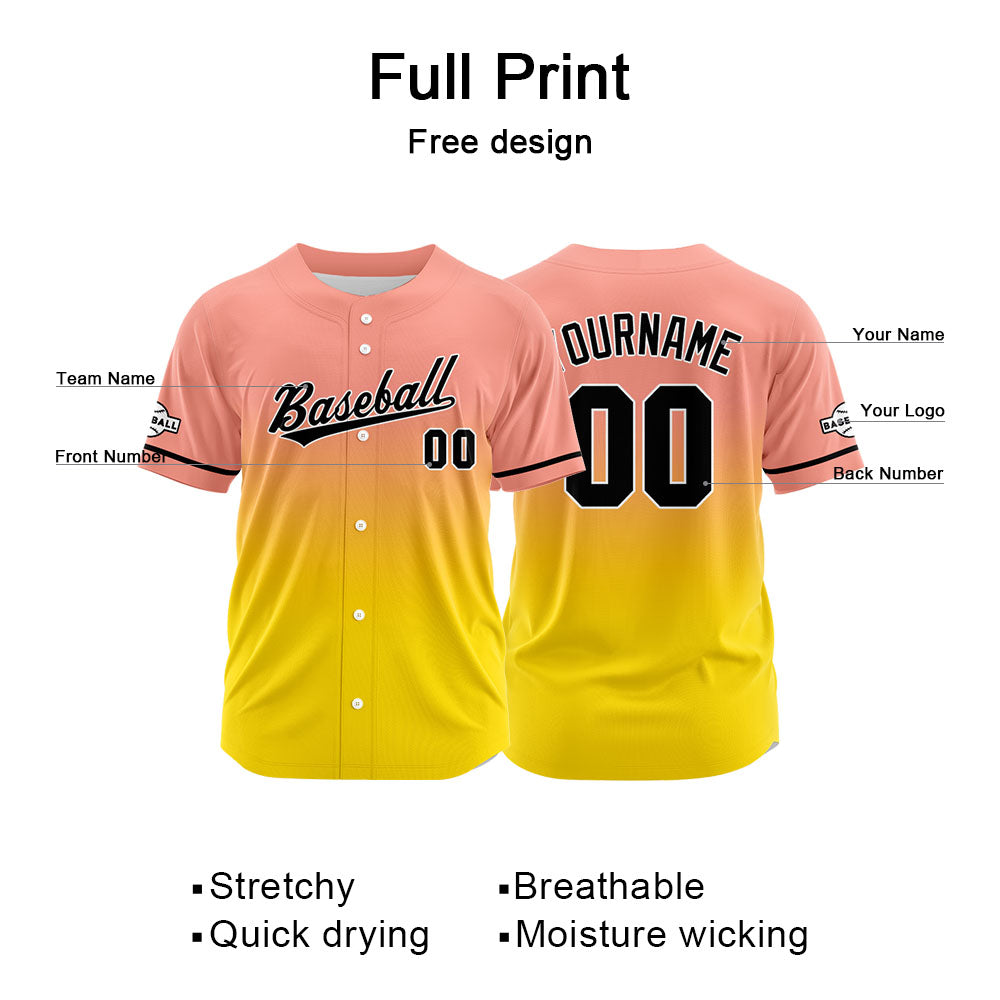Camiseta de béisbol con dise?o personalizado estampado completo en rosa claro y amarillo