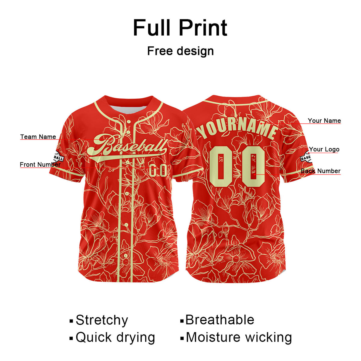 Camiseta de béisbol personalizada roja y amarilla con nombre número y logotipo personalizados