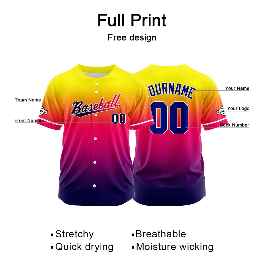 Dise?o personalizado de camiseta de béisbol con estampado completo en tonos morado rojo rosa y amarillo