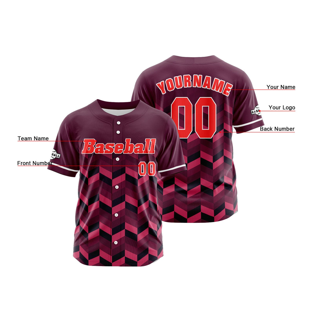 Camiseta de béisbol personalizada negra y roja con botones para hombre mujer adulto y joven Estampado de nombre número y logotipo