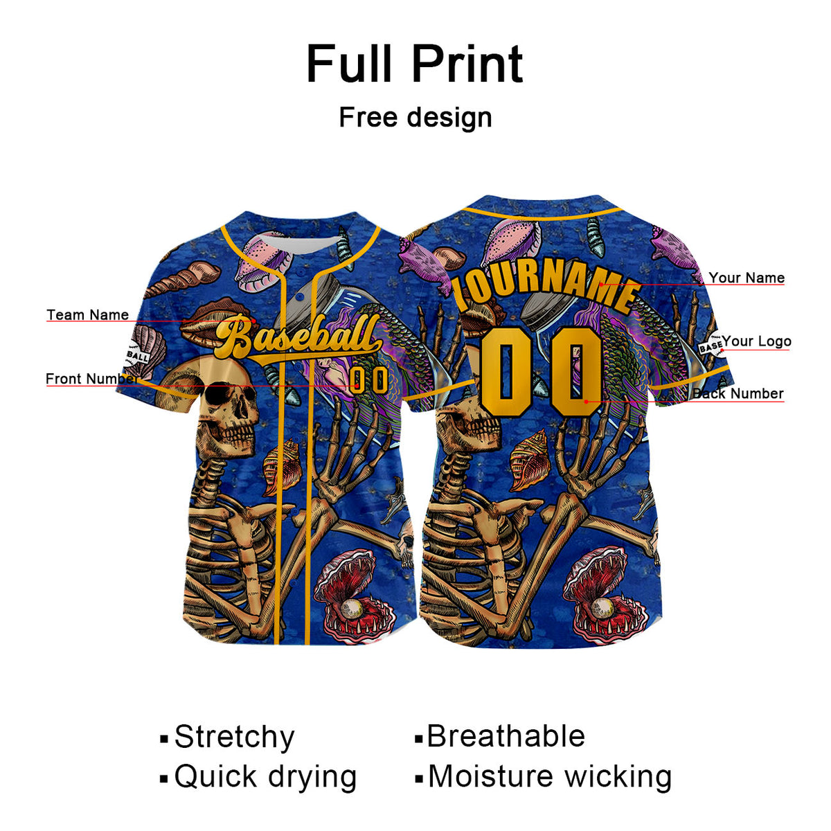 Camiseta de béisbol azul y naranja personalizada con nombre número y logotipo personalizados