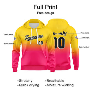 Sudadera con capucha personalizada con degradado para hombre-mujer-niña o niño Estampa tu logotipo-nombre y número en amarillo y rosa intenso
